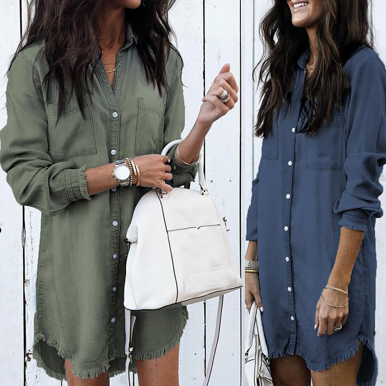 Women Denim Shirt Dresses Long Sleeve Distressed Jean Dress Button Down Casual Tunic Top