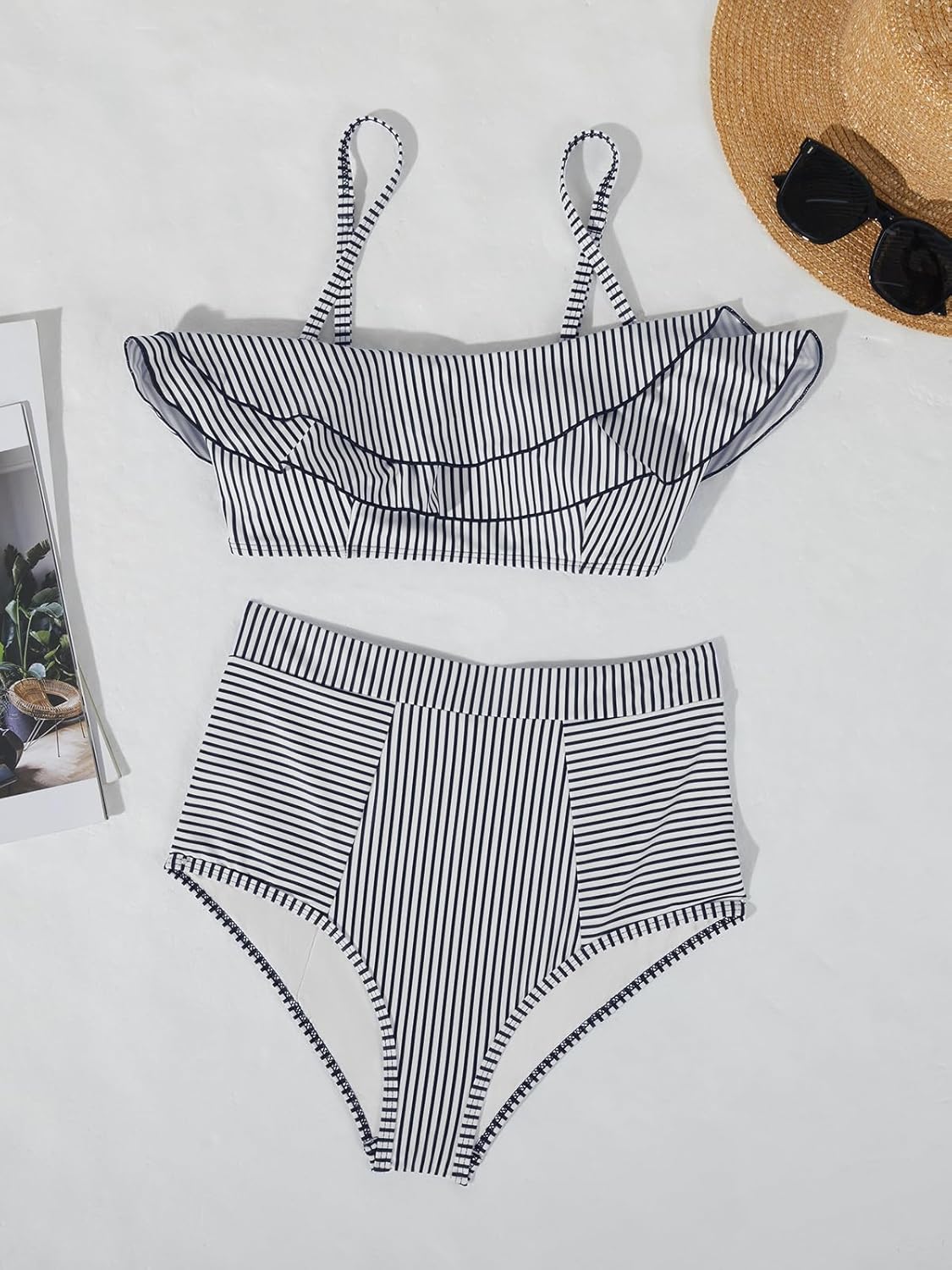 Women High Waisted 2 Piece Bikini Set Bandeau Ruffle Swimsuit Top Striped Bathing Suits - Seldom Seen Styles