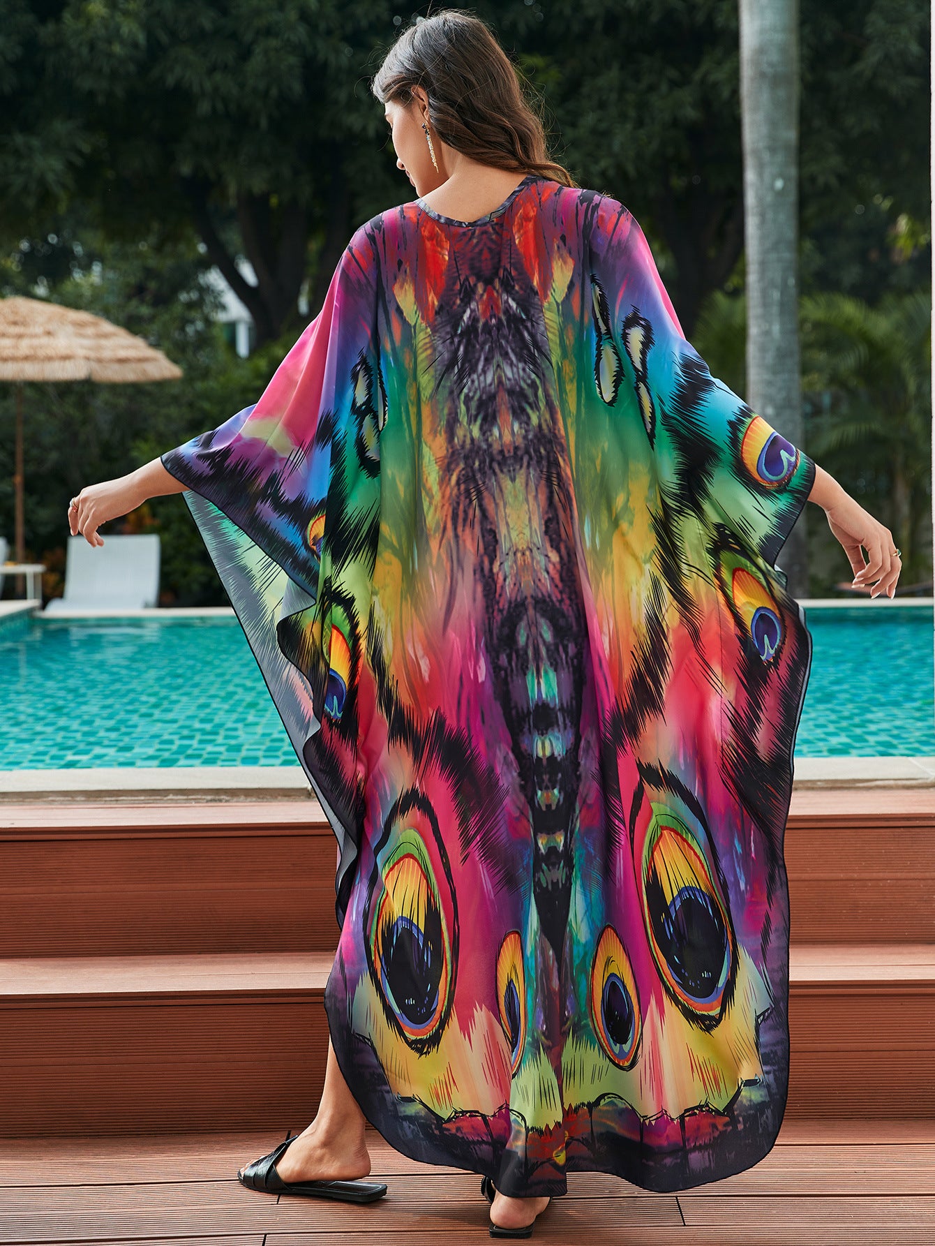 [Plus Size] Butterfly/feather Print Ruched Split Hem Tunic Dress, Valentine's Day Elegant Batwing Sleeve V Neck Long Dress for Summer, Casual Womenswear, Gift, Homecoming Dresses, Women's Clothes for Beach Holiday Vacation, Moo Moo Dresses