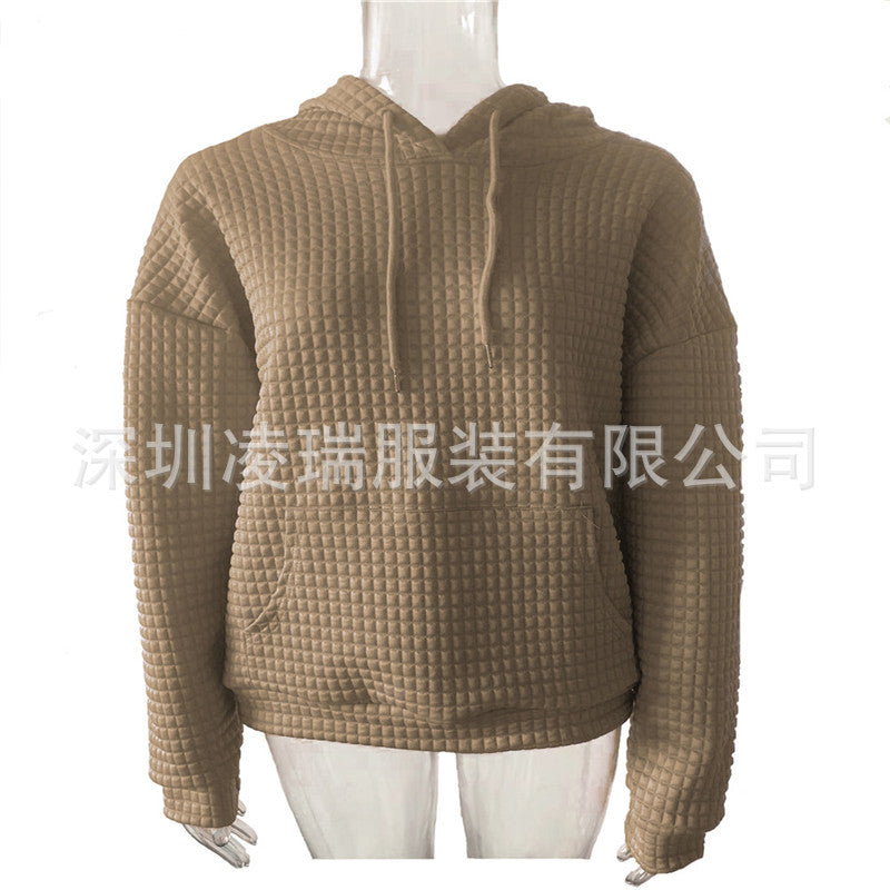 Womens Hoodies Casual Long Sleeve Drawstring Waffle Pullover Tops Loose Hooded Sweatshirt with Pocket - Seldom Seen Styles