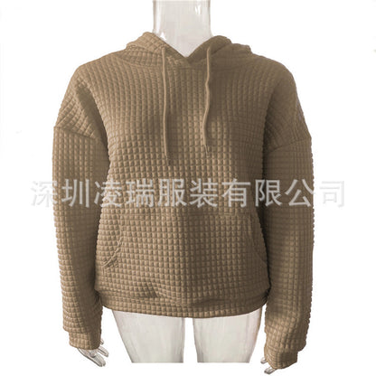 Womens Hoodies Casual Long Sleeve Drawstring Waffle Pullover Tops Loose Hooded Sweatshirt with Pocket