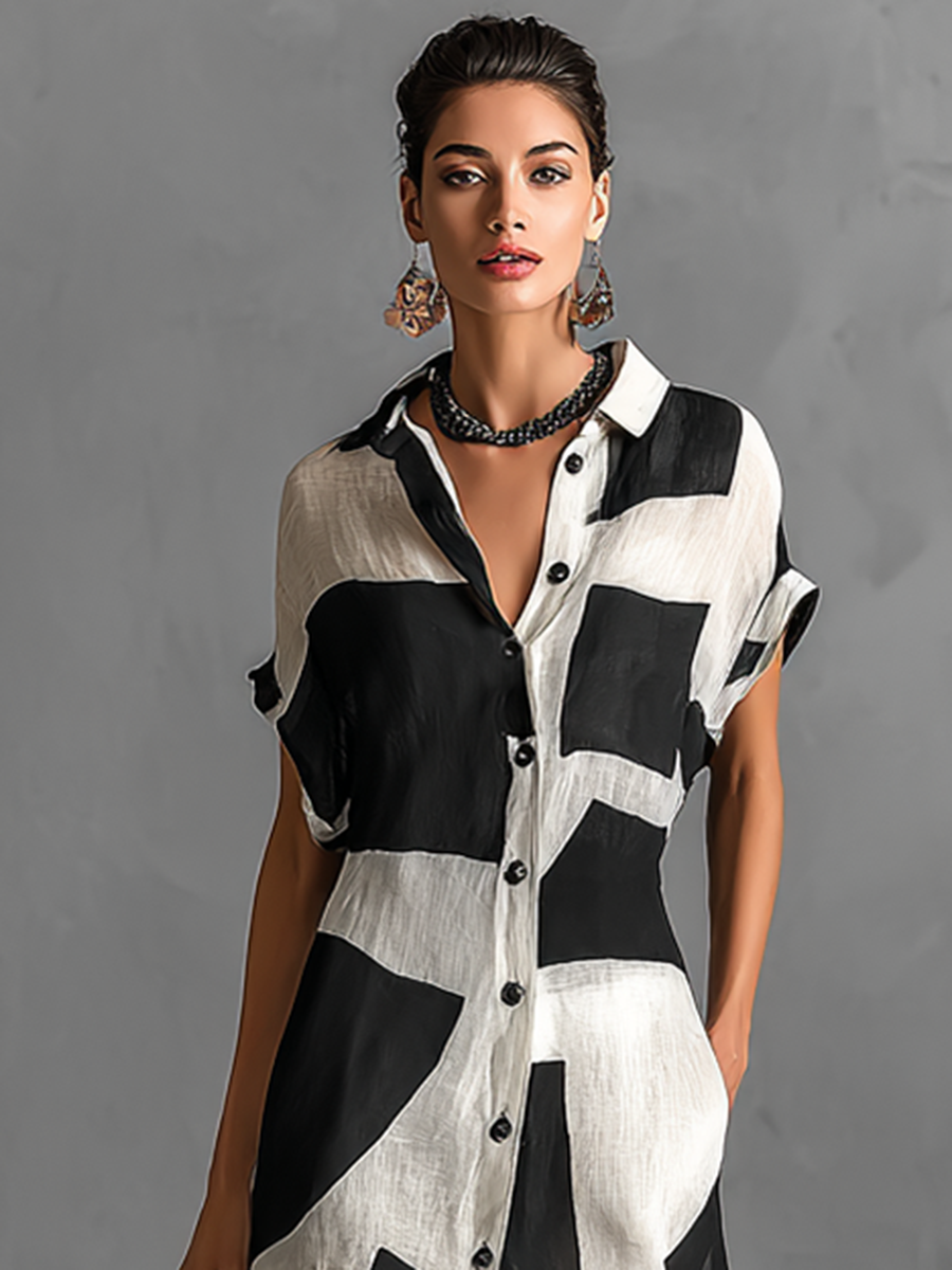 Women's Cotton And Linen Blend Irregular Geometric Print Lapel Single-Breasted Short-Sleeved Maxi Shirt Dress MDA1689G1Y - Seldom Seen Styles