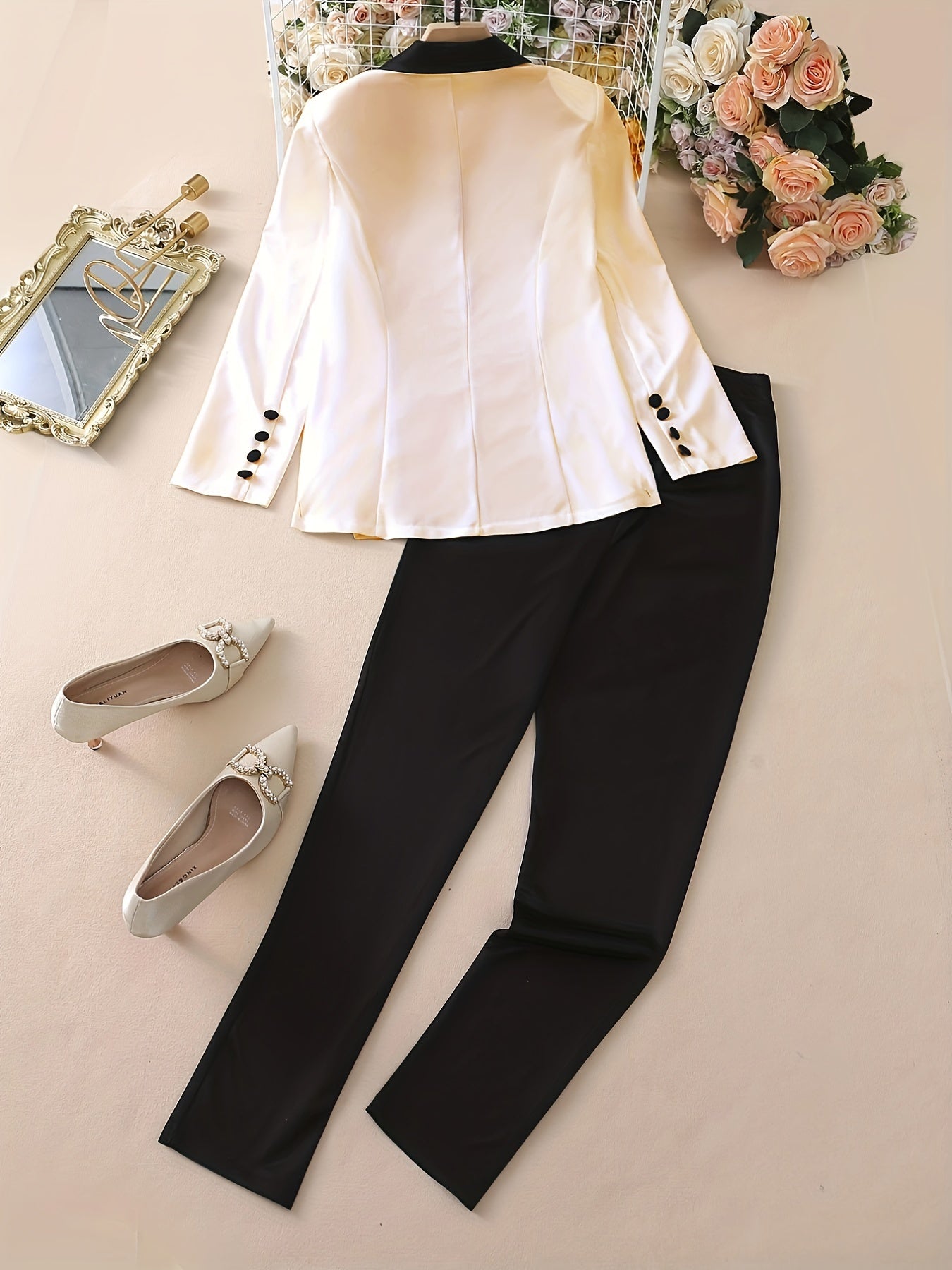 Color Block Two-Piece Set，Casual Button Front Blazer and Straight Pants，Women's Clothing