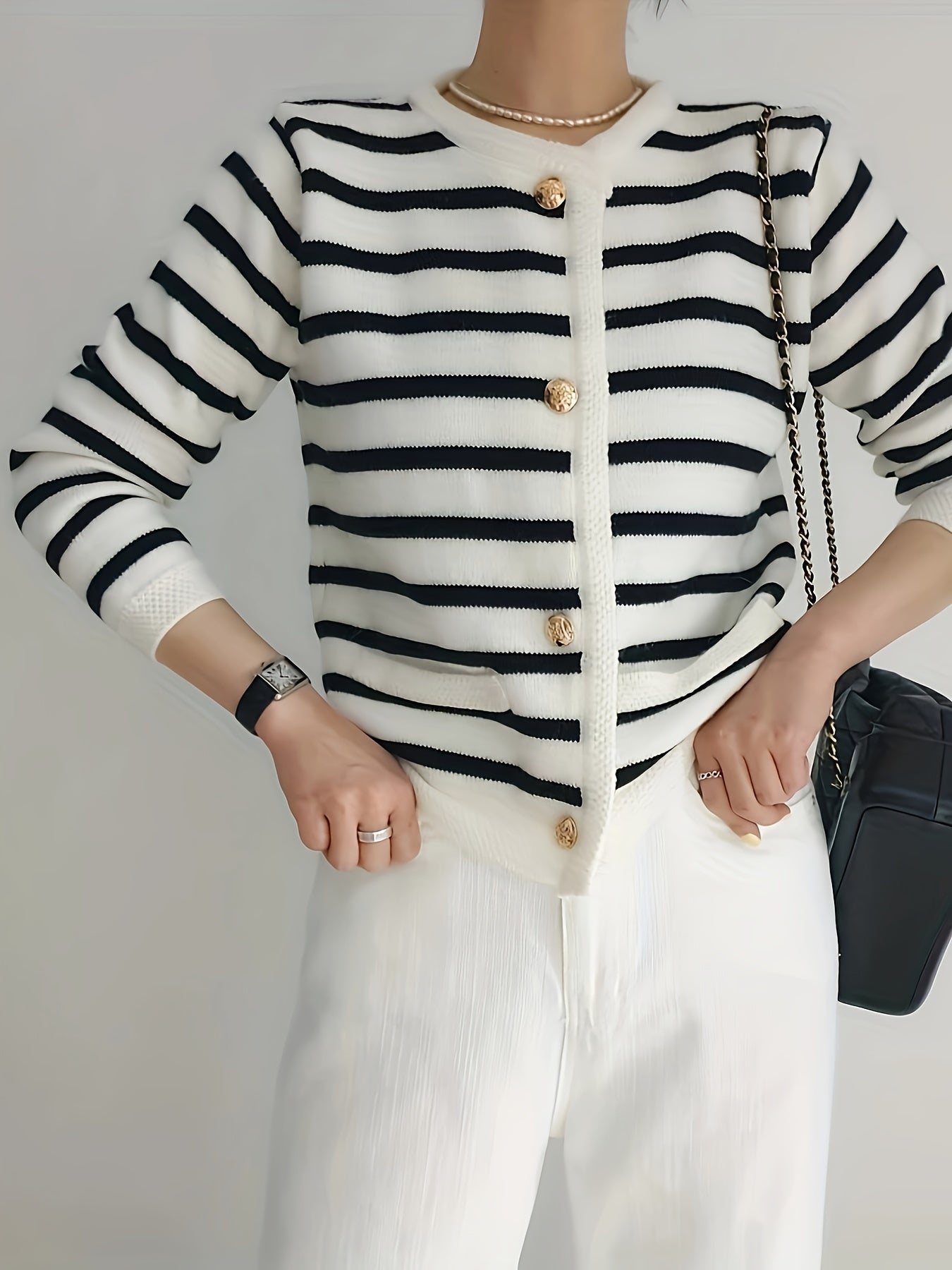 Stripe Pattern Button Front Cardigan, Chic Crew Neck Long Sleeve Cardigan For Fall & Winter, Women's Clothing