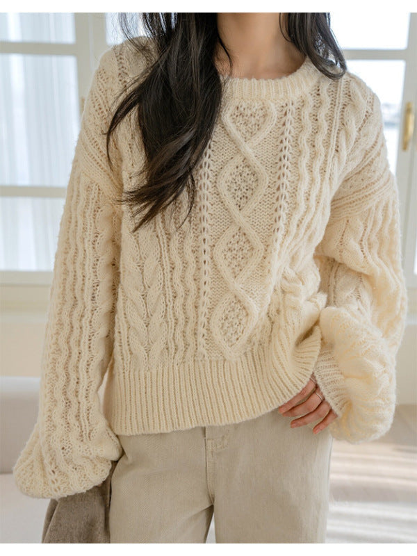 Cross-Border Foreign Trade Twist round Neck Lantern Sleeve Knitted Top European and American Gentle Lazy and Loose Sweet Soft Glutinous Sweater