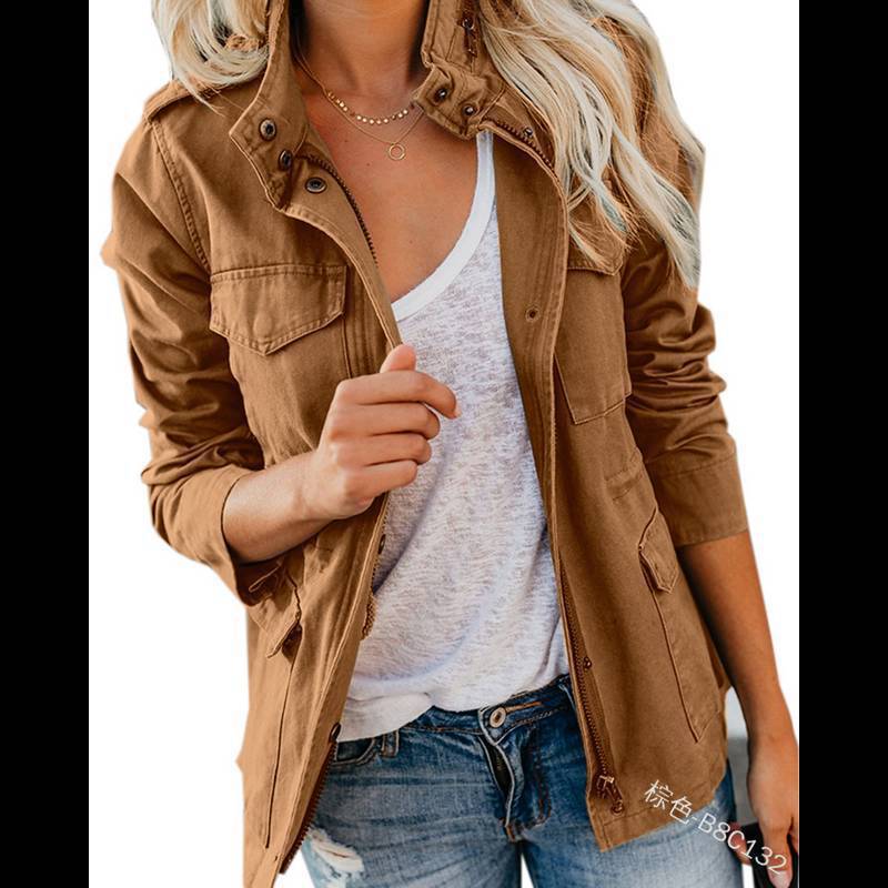 Womens Military Jacket Zip Up Snap Buttons Lightweight Utility Anorak Field Safari Coat Outwear with Pocket - Seldom Seen Styles