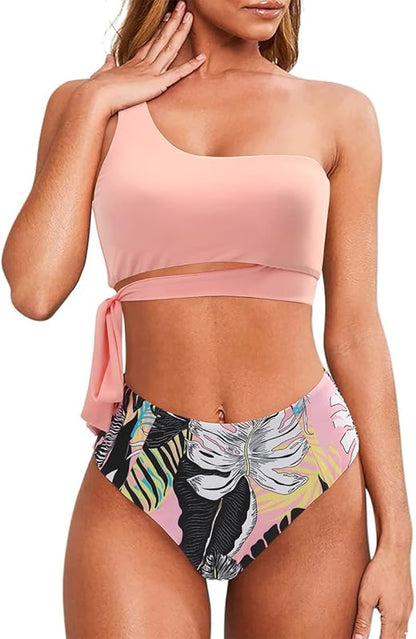 Women One Shoulder High Waisted Bikini Tie High Cut Two Piece Swimsuits - Seldom Seen Styles