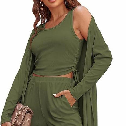 Cozy New  Women's 3 Piece Knit Lounge Set Long Sleeve Cardigan Sleeveless Top Pants Sweatsuit S-XXL