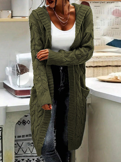Women's Pocket Drop Shoulder Cardigan, Hooded Long Sleeve Warm Top, Casual Textured Knit Open Front Cable Outwear, Sweaters for Women