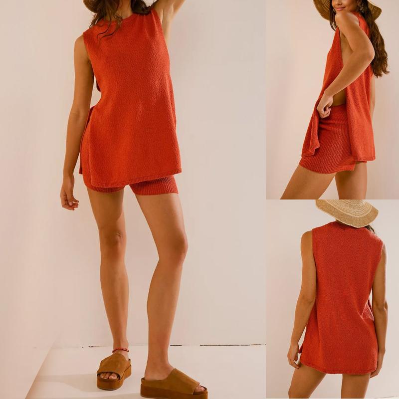 Women's 2 Piece Outfits Summer Knit Sweater Set Sleeveless Tunic Top Matching Shorts Trendy Beach Vacation Sets Loungesetwomen Suits Clothes Womenswear  Basic Beige - Seldom Seen Styles
