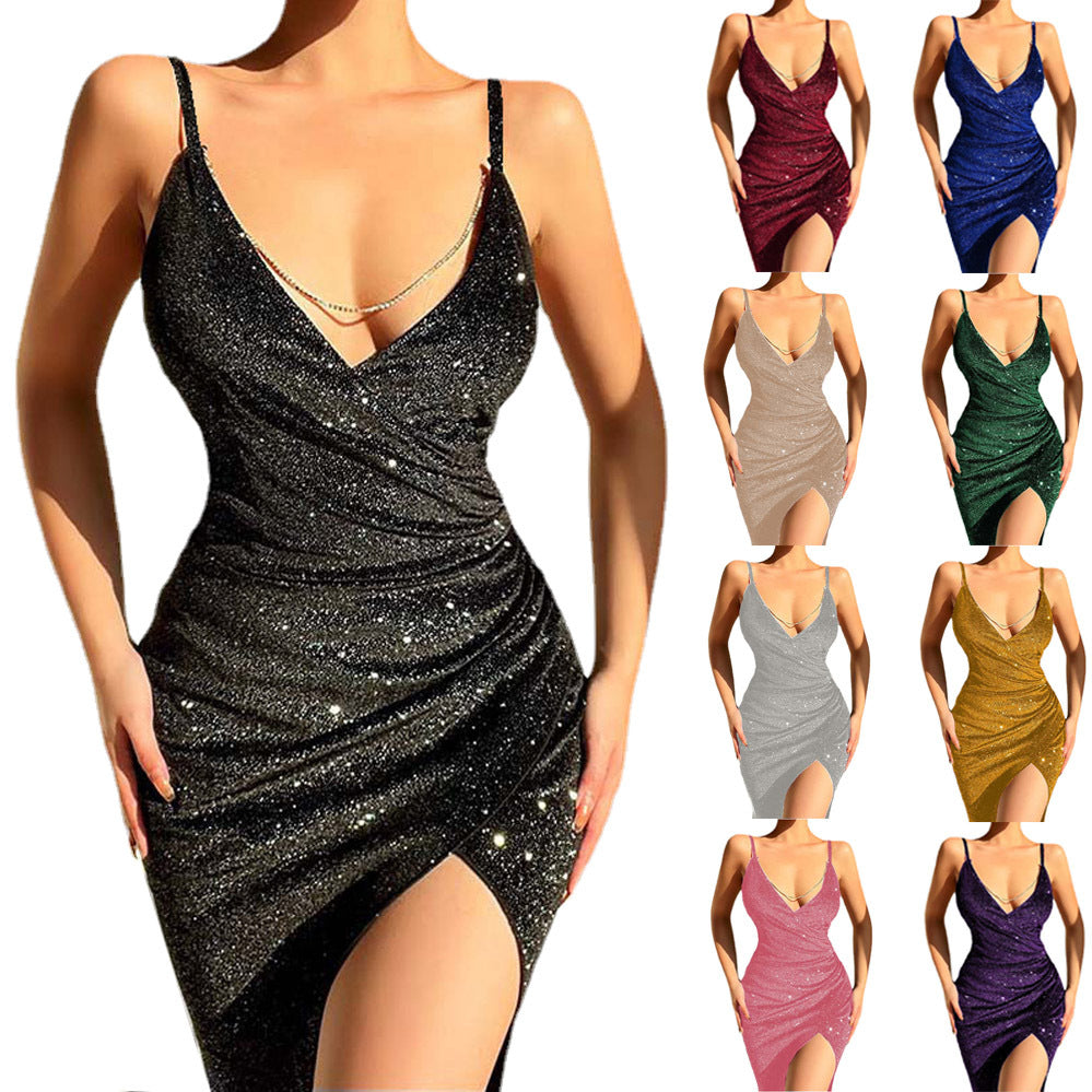 Amazon Europe and America Cross Border2023Spring and Summer New Sexy Glitter High Slit Deep V Suspender Dress