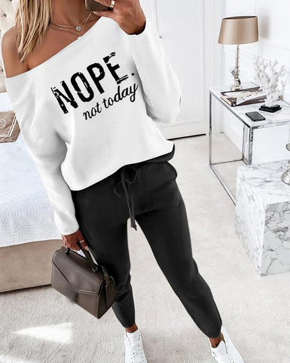 Women's 2 Piece Outfit Nope Not Today Print Skew Neck Long Sleeve Pullover Top with Stretchy Waist Long Pants Tracksuit Jogger Set