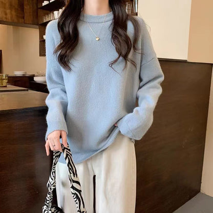 2024Solid Color Knitwear Pullover Women's Autumn and Winter New Soft Glutinous Loose Outer Wear Gentle Inner Bottoming Shirt