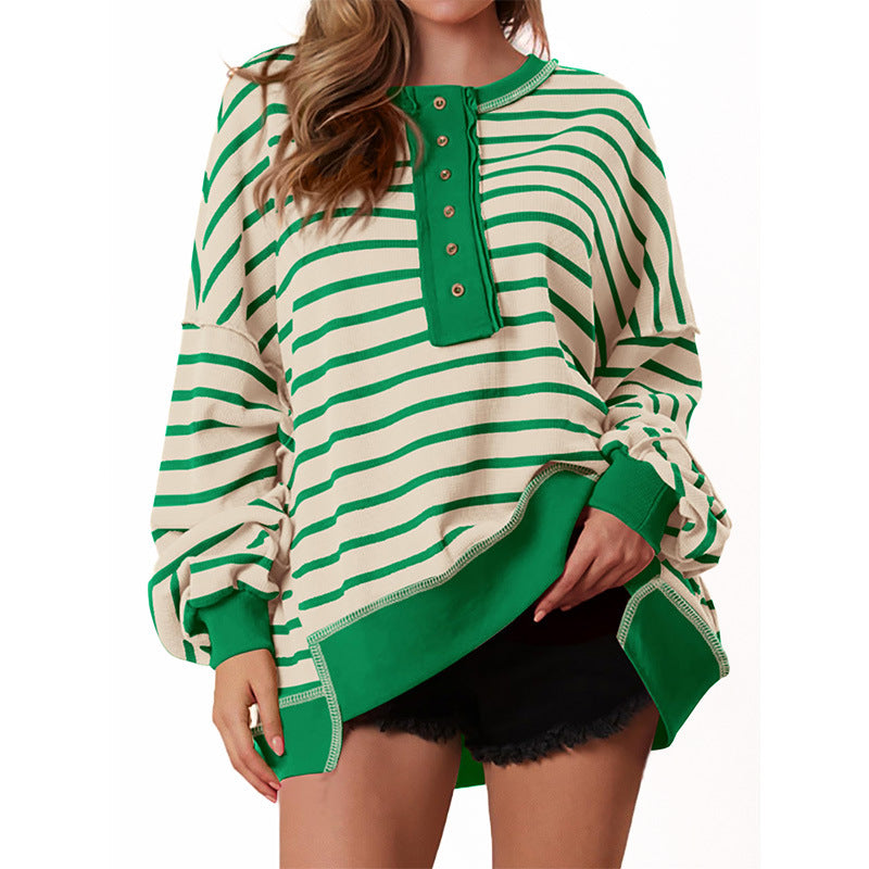 Bela Womens Oversized Striped Sweatshirts Henley Shirts Color Block Casual Pullover Waffle Knit Tops - Seldom Seen Styles