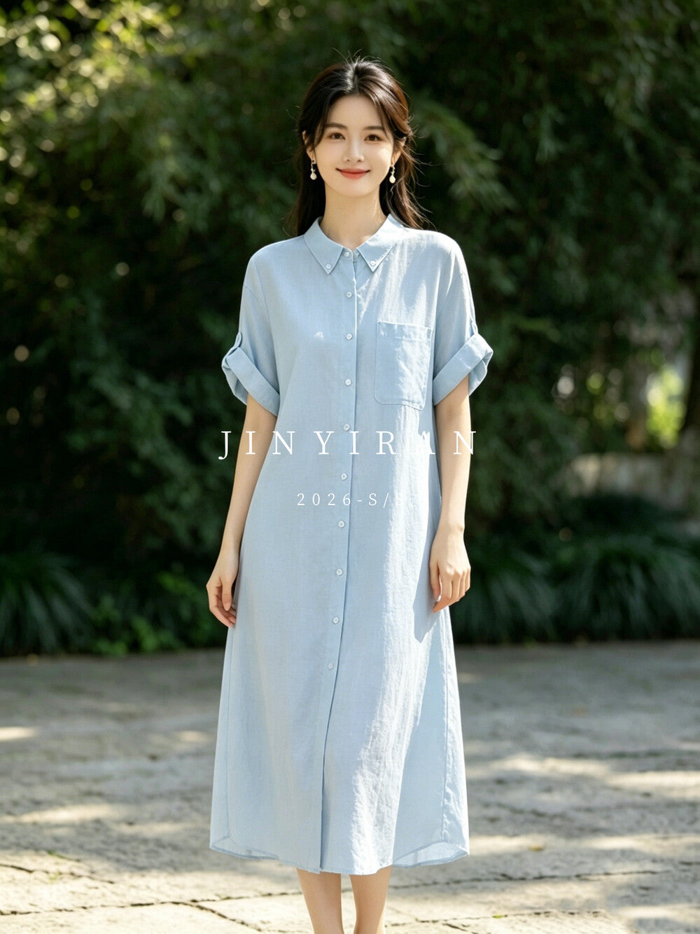 Light Blue Linen Short Sleeve Button Down Shirt Dress Collared Loose Fit Casual Midi Dress - Seldom Seen Styles