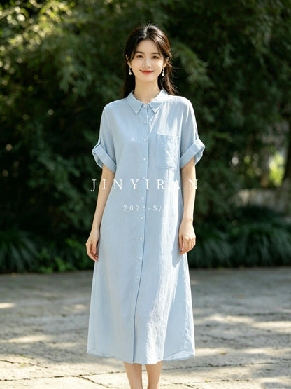 Light Blue Linen Short Sleeve Button Down Shirt Dress Collared Loose Fit Casual Midi Dress