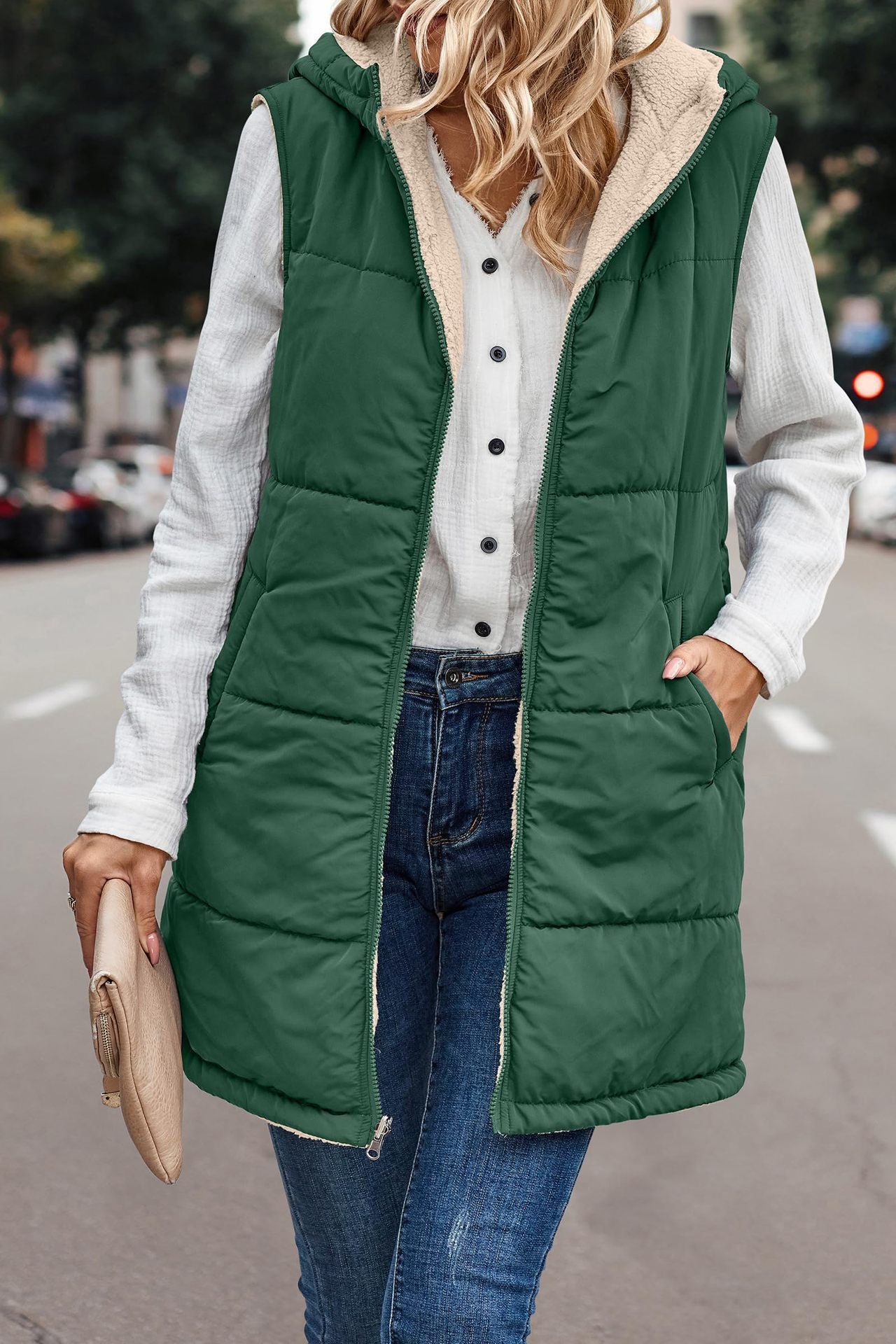 PrettyGarden Women's Warm Reversible Vests Sleeveless Fleece Basic Jacket Zip Up Coat Long Outerwear With Pockets And Hoodie Casual Outfit#Hoodieing - Seldom Seen Styles