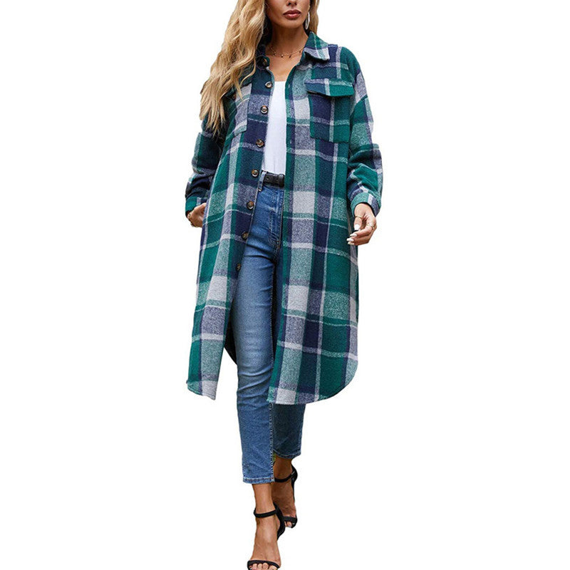 Women's Casual Wool Blend Long Plaid Shirt Jacket Button Down Pocketed Shirt Shacket