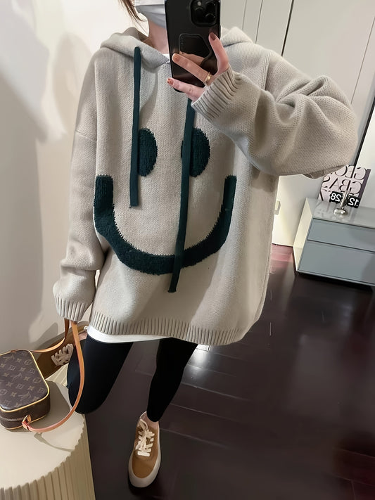 Cozy joyful Face Hooded Sweater For Women - Casual & Warm, Thick Knit Pullover With Drawstring Hood, Perfect For Fall & Winter Sweaters For Women Hoodies For Women