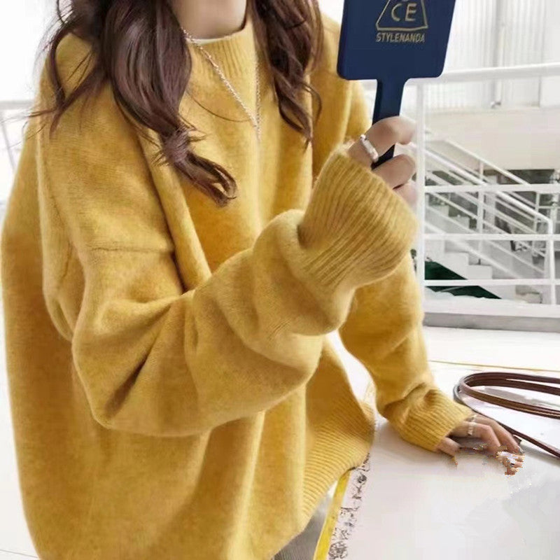 2024Solid Color Knitwear Pullover Women's Autumn and Winter New Soft Glutinous Loose Outer Wear Gentle Inner Bottoming Shirt