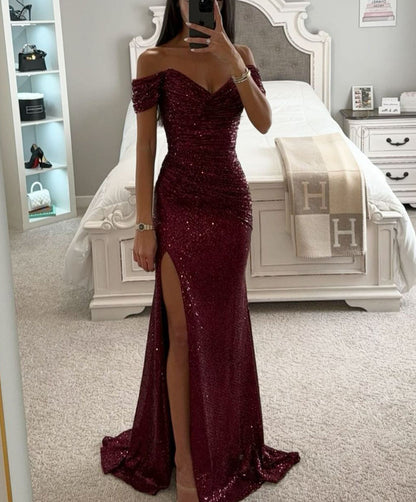 sequin prom dresses strapless sequin dress Split Dress off-Shoulder INS  Fashion low cut maxi Dress for Women