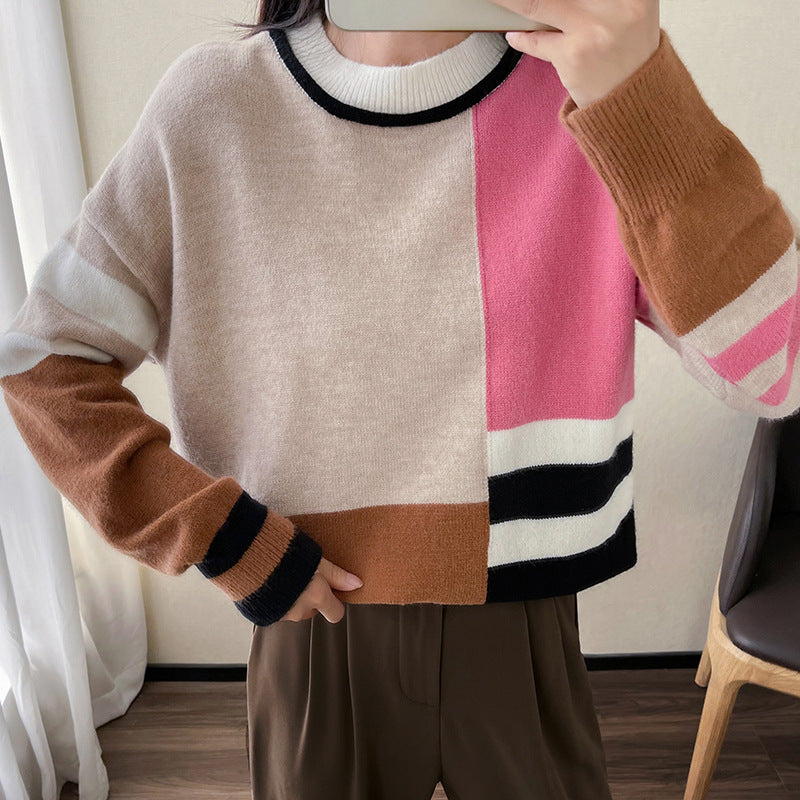 Autumn and Winter New Korean Style Loose Bottoming Knitted Sweater Women's Mid-Length Versatile round Neck Multicolor Striped Bottoming Shirt for Women