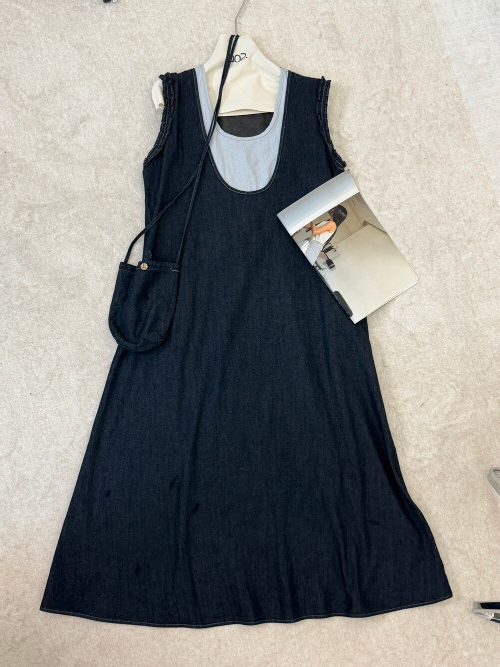 Women's Denim Fake Two-Piece Sleeveless U-Neck A-Line Midi Dress Ruffle Shoulder Detail with Free Mini Bag Dark Navy Blue Grey One Size - Seldom Seen Styles