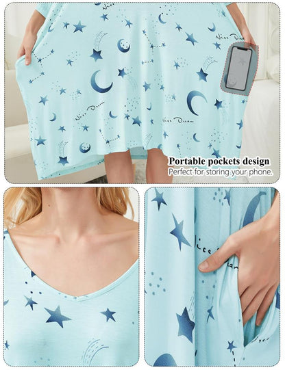 Plus Size Nightgown for Women V-Neck Sleep  Dress Pjs Lounge Short Sleeves Sleepwear With Pocket Fit S-5XL Pajamas Elastic Loungewear Breathable Fabric