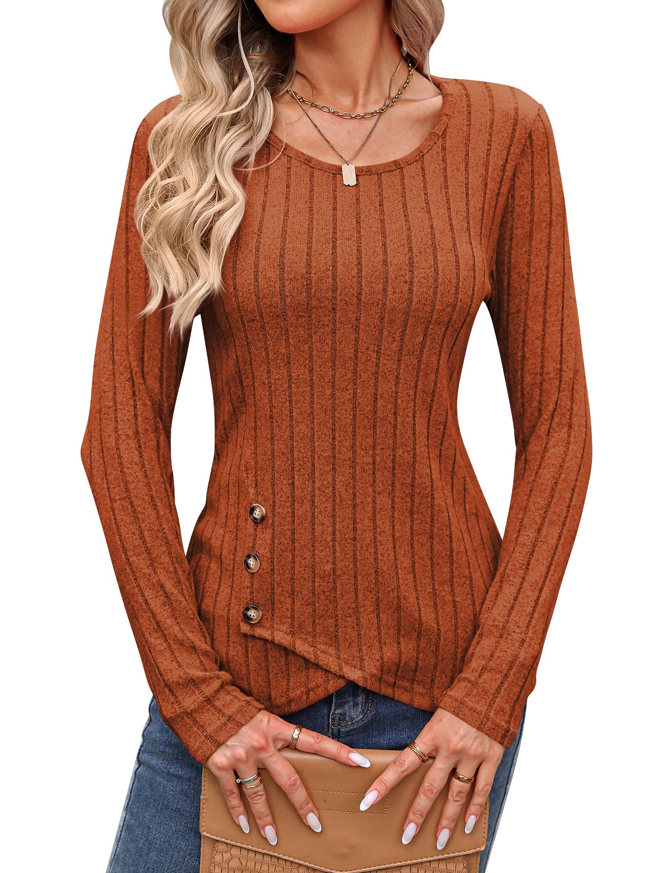 Sweaters for Women Fashion Long Sleeve Tops Button Pullover Crew Neck Casual Loose Slit Sweatshirt - Seldom Seen Styles