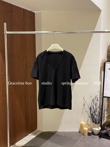 French Lace V-Neck T-Shirt – Minimal Loose Fit Casual Chic Summer Tee