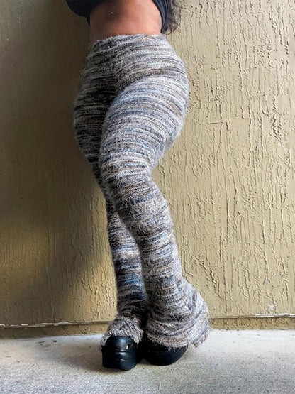 Women's Striped Print Flare Leg Fuzzy Sweater Pants, Casual Street Comfy Knit Bell Bottom Trousers For Fall & Winter, Women's Knitwear For Daily Wear