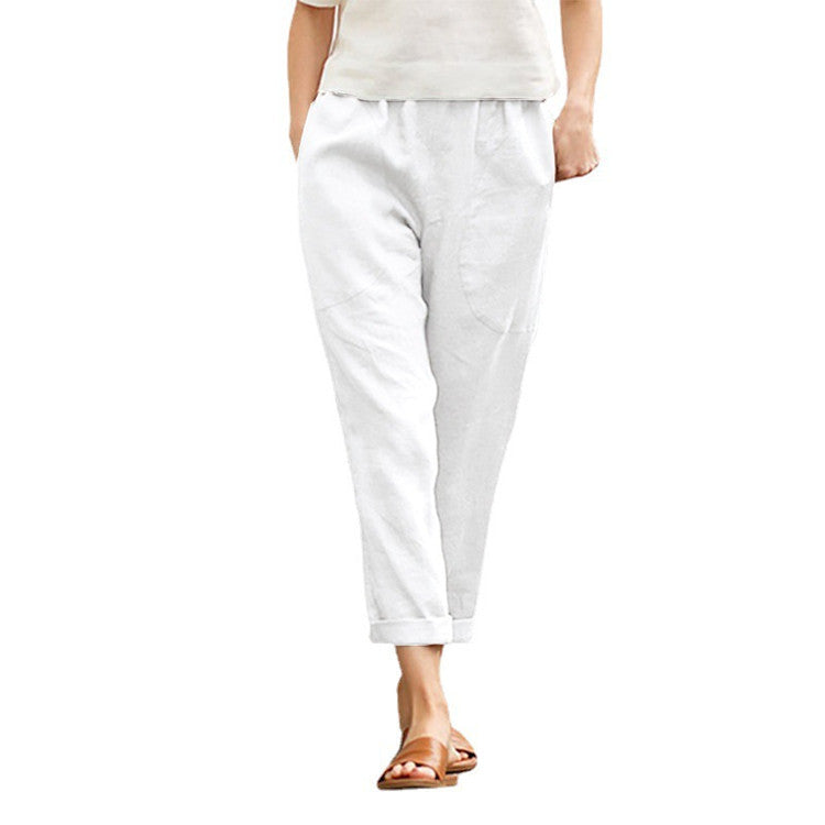 Women's Linen Cropped Pants Tapered Ankle Capris Trousers Elastic Waist - Seldom Seen Styles