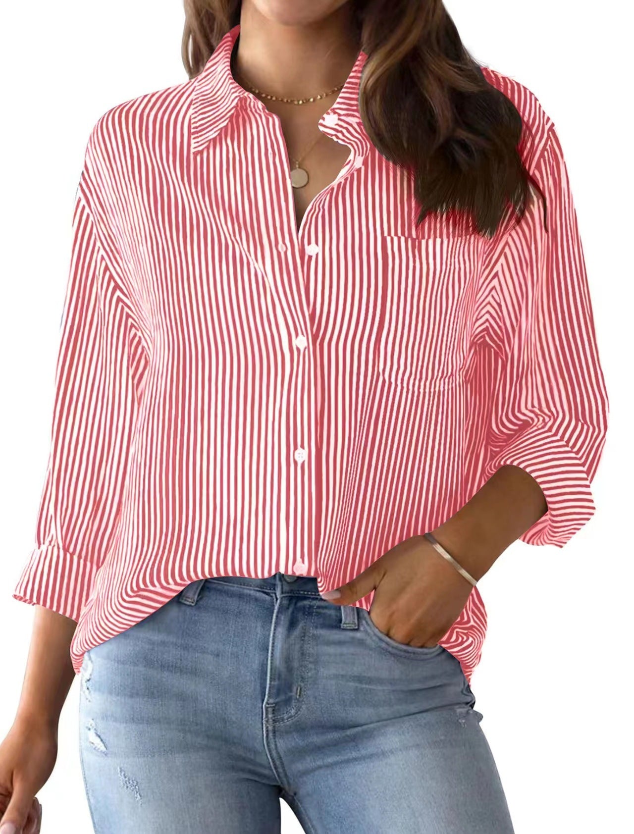 AISEW Womens Button Down Shirts Striped Classic Long Sleeve Collared Office Work Blouses Tops with Pocket