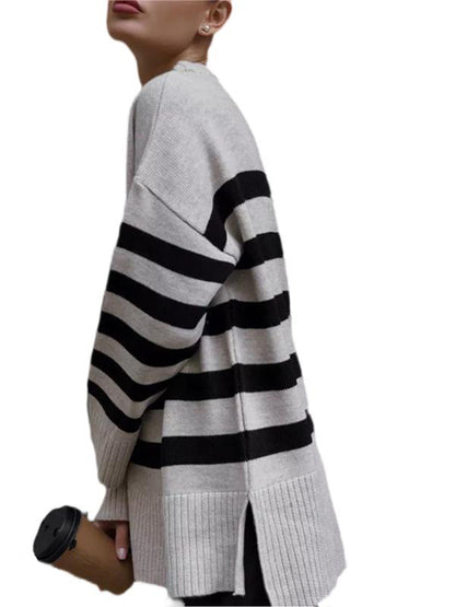 round Neck Contrast Color Knitted Striped Sweater Women 2024Autumn and Winter Women's Clothing  Pullover Loose