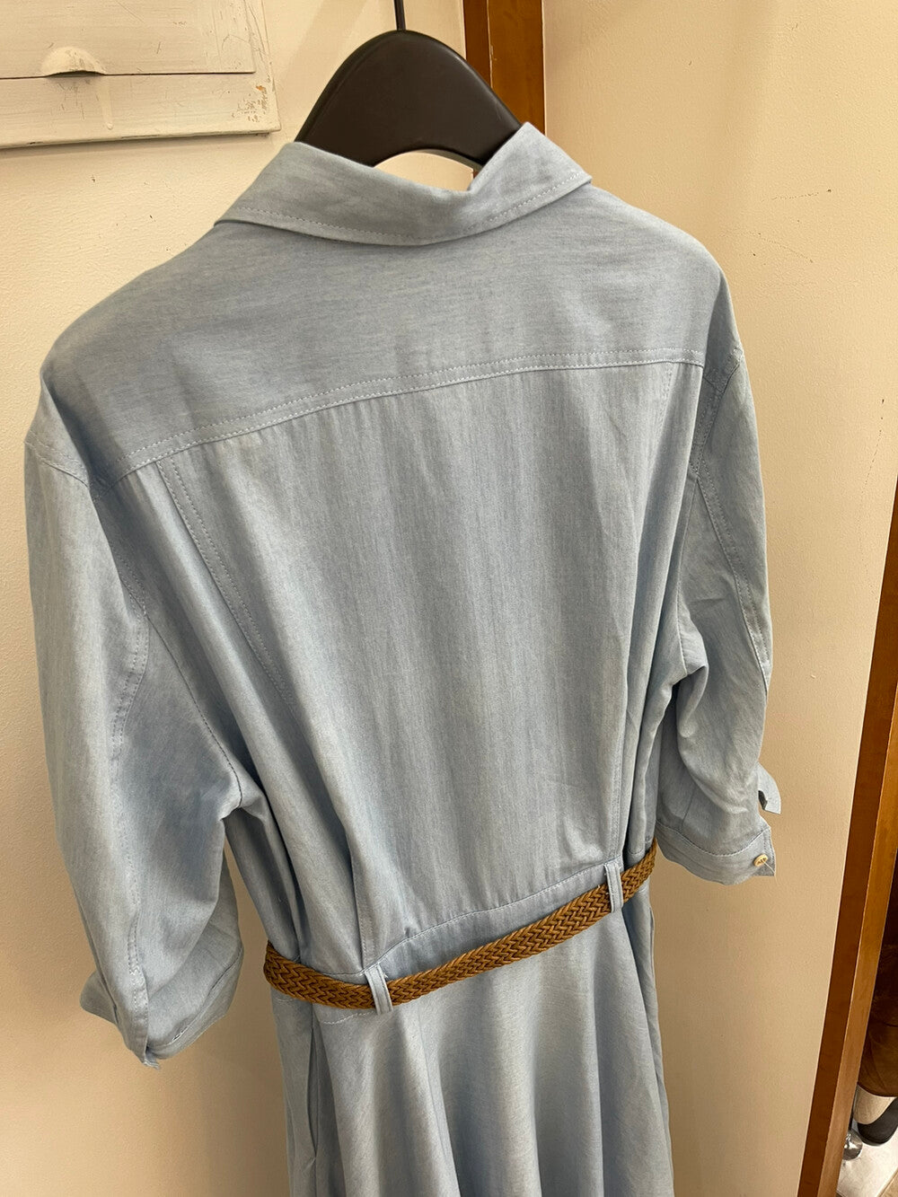 Women's Denim Short Sleeve Lapel Collar Gold Button Belted A-Line Maxi Dress Dual Chest Pockets with Free Braided Belt Dark Blue Light Blue S M Cotton Candy 288563 - Seldom Seen Styles