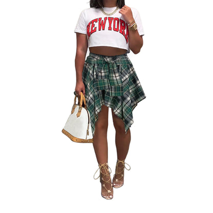Women's Fashion Style Plaid Print Asymmetrical Hem High Waist Skirt, Casual Comfort Elastic Waist Tiered Layer Knee Length Skirt for Summer Going Out Streetwear, Fashionable Trendy Plaid Skirt, Womenswear Everyday Bottom