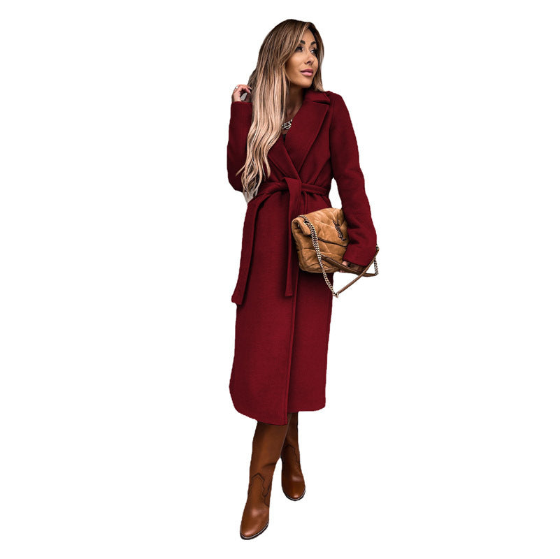 Long-Sleeved Woolen Coat Simple Lace up Trench Coat Autumn Winter Women's Clothing Solid Color Polo Collar