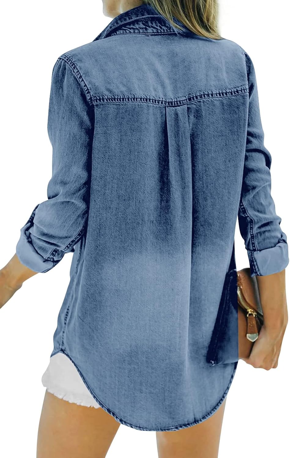 Runcati Womens Button Down Denim Shirt Long Sleeve Roll Up Casual Oversized Jean Shirt Jacket Distressed Tunic Tops