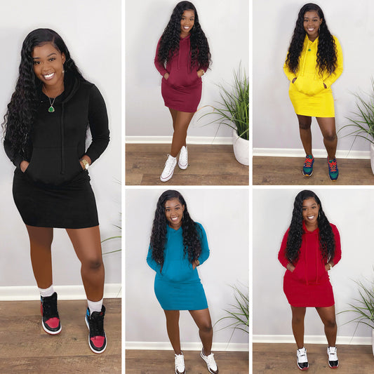 Women's Solid Drawstring Hooded Sweatshirt Dress, Chic Casual Long Sleeve Pocket Dress for Fall & Winter, Ladies Clothes for Daily Wear - Seldom Seen Styles