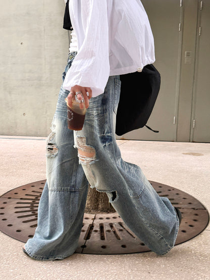 Women's Distressed Ripped Wide Leg Jeans High Waist Baggy Denim Pants Streetwear Y2K Casual Summer Outfit