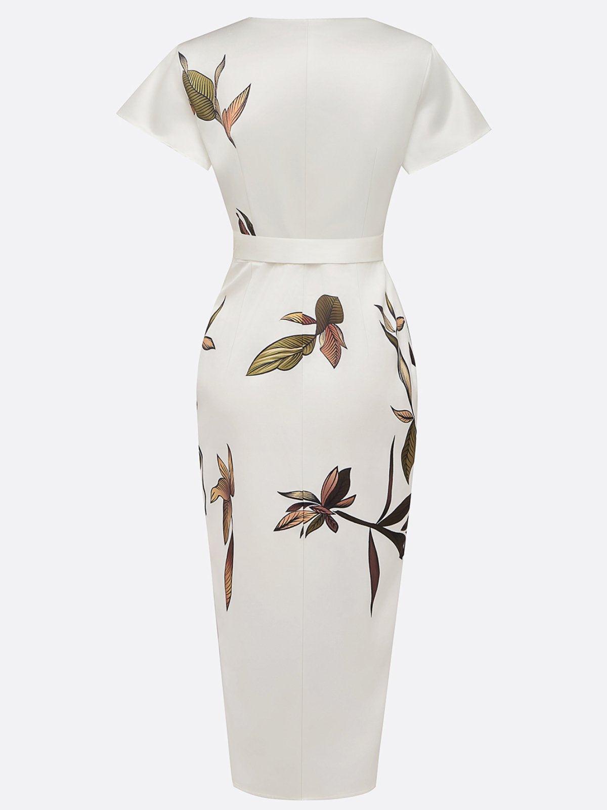 White Leaf Short Sleeve Satin Wrap Sheath Midi Dress - Seldom Seen Styles