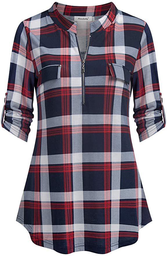 DJT Womens Soft Stretchy Knit Plaid Shirts Roll Up Long Sleeve Collared Button Down Blouses Tops