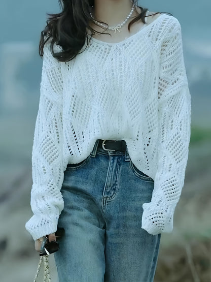 Open Knit Crew Neck Sweater Casual Drop Shoulder Long Sleeve Sweater For Spring  Fall Women's Clothing