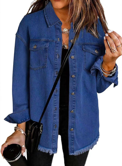 Jean Jackets for Women Ripped Fringe Denim Jean Jacket Casual Long Sleeve Pockets Jackets Coat Fabric Fashion Womenswear Soft – Back to School Outfit Idea