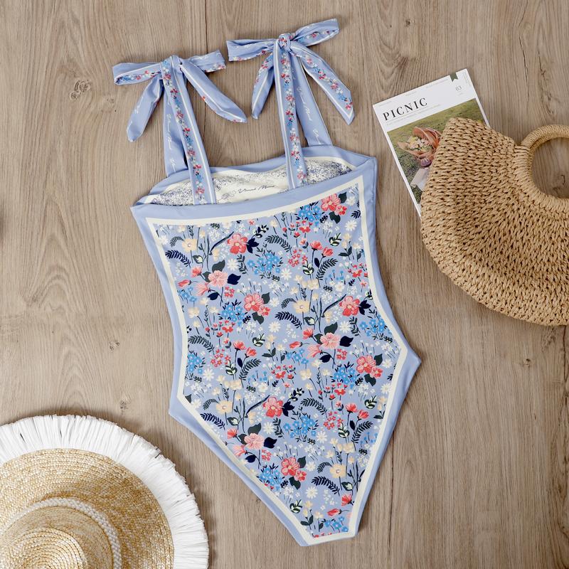 Women's One Piece Swimsuit Square Neck Double Side Print Reversible Tie Shoulder Summer Vintage Swimsuit - Seldom Seen Styles