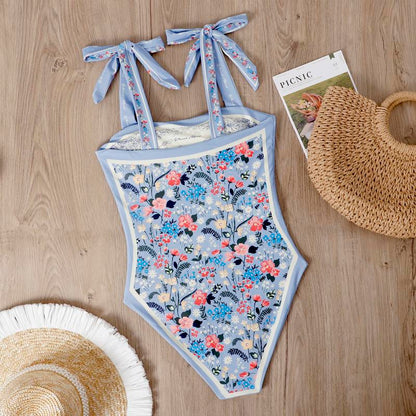 Women's One Piece Swimsuit Square Neck Double Side Print Reversible Tie Shoulder Summer Vintage Swimsuit - Seldom Seen Styles