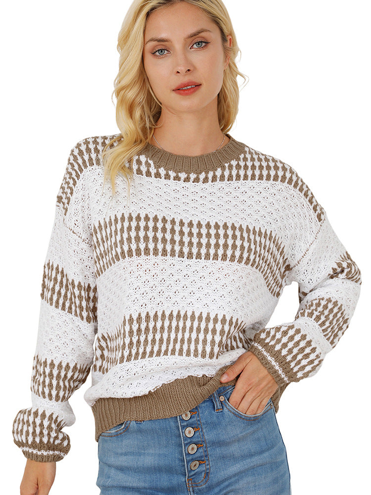 2024Autumn and Winter New Vertical Striped Pullover for Women European and American Casual Loose round Neck Contrast Color Knitwear Women