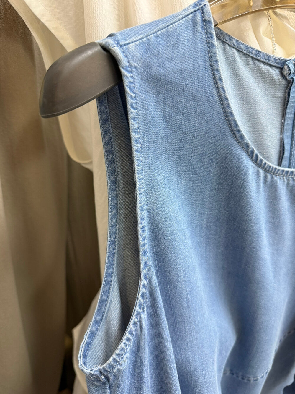 Women's Denim Sleeveless Diagonal Ruffle Trim A-Line Maxi Dress Drawstring Detail Light Blue Dark Navy One Size NNY with Free Bag - Seldom Seen Styles