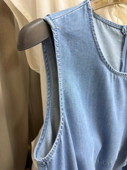 Women's Denim Sleeveless Diagonal Ruffle Trim A-Line Maxi Dress Drawstring Detail Light Blue Dark Navy One Size NNY with Free Bag
