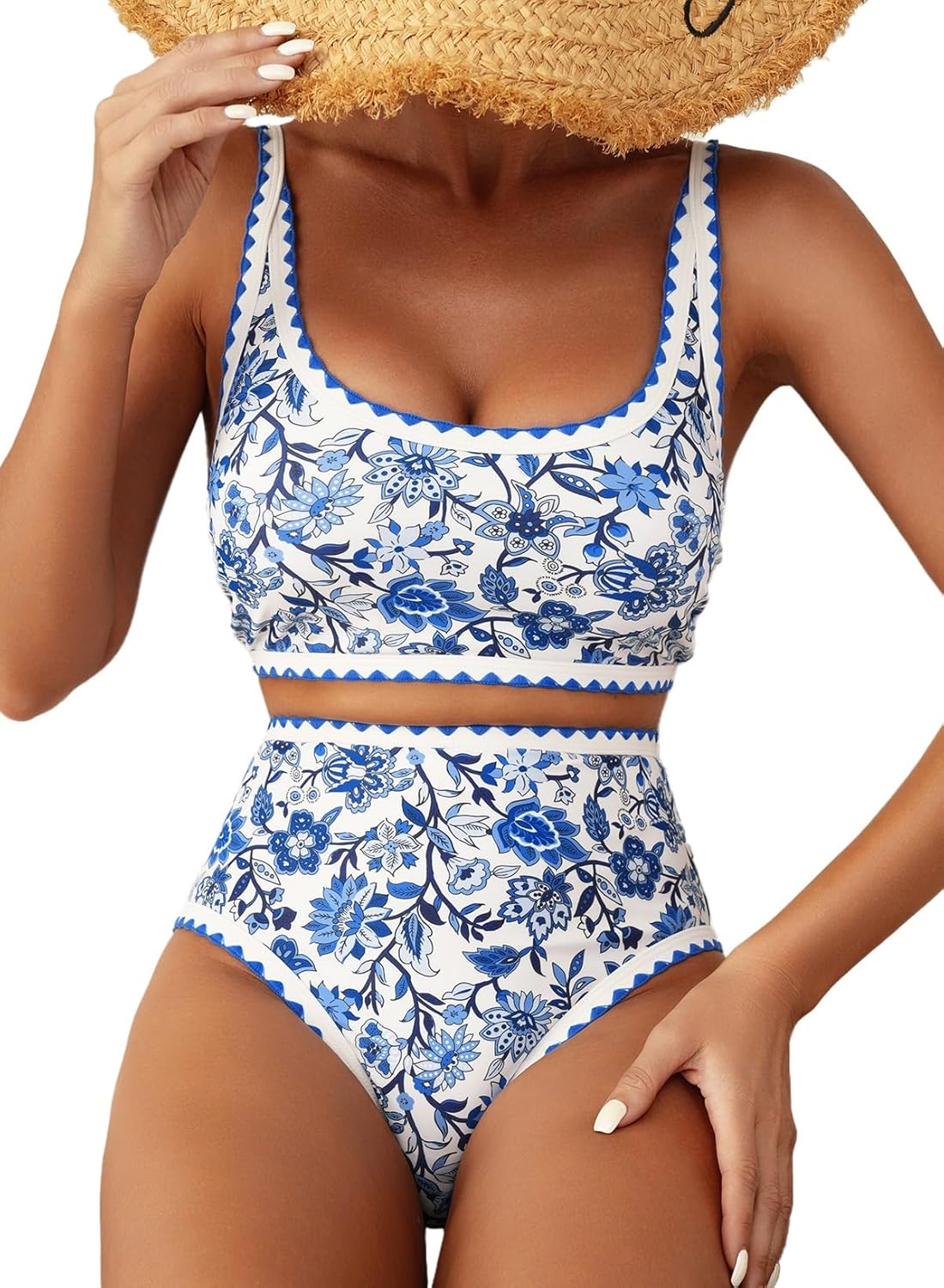 Women's Bikini Sets Floral Print Whip Stitch 2 Piece Swimsuits High Waisted Scoop Bathing Suits - Seldom Seen Styles